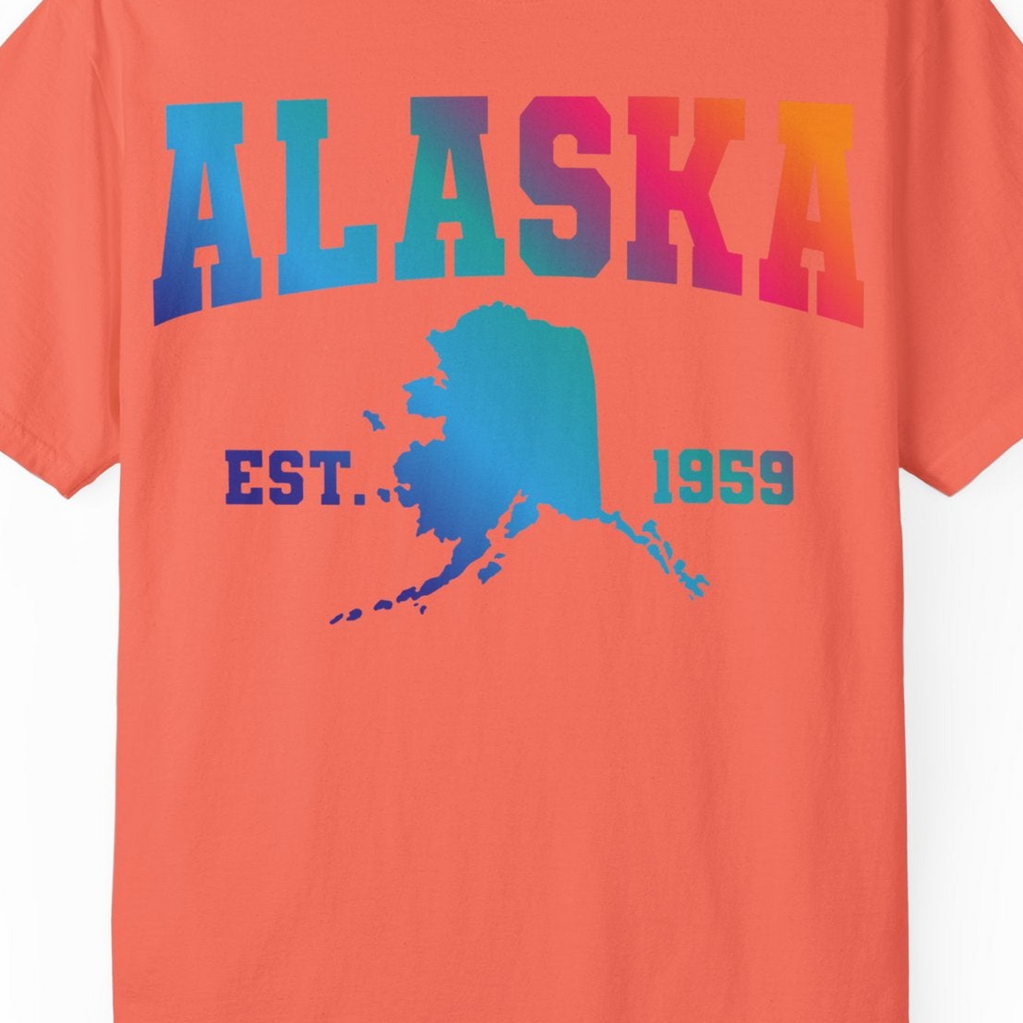 Retro Alaska Est 1959 Shirt Comfort Colors T-Shirt – Bright Salmon – Alaska Cruise Shirts Close Up