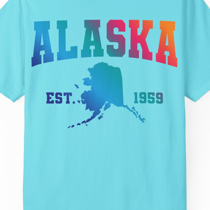 Retro Alaska Est 1959 Shirt Comfort Colors T-Shirt – Lagoon Blue – Alaska Cruise Shirts Close Up