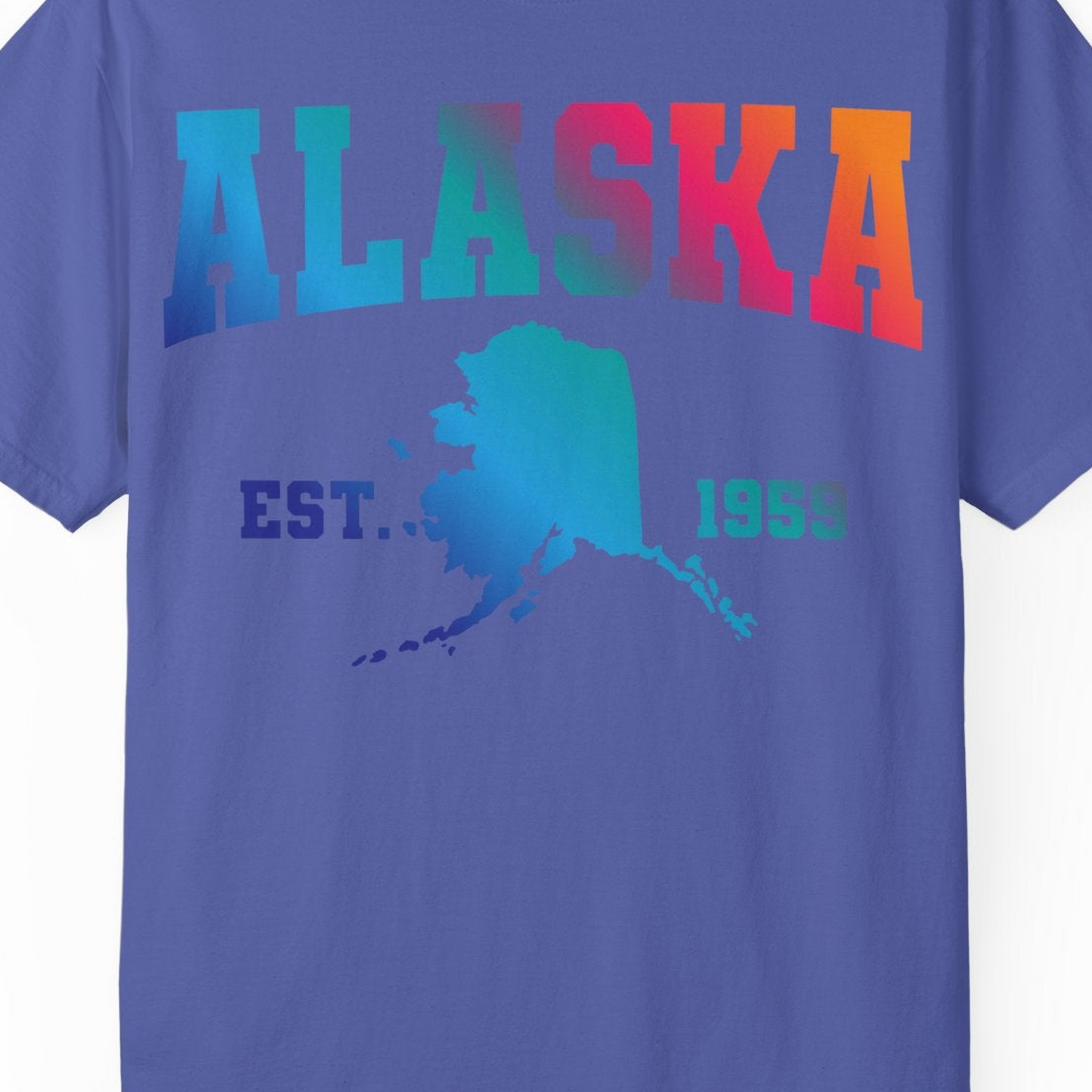 Retro Alaska Est 1959 Shirt Comfort Colors T-Shirt – Periwinkle – Alaska Cruise Shirts Close Up