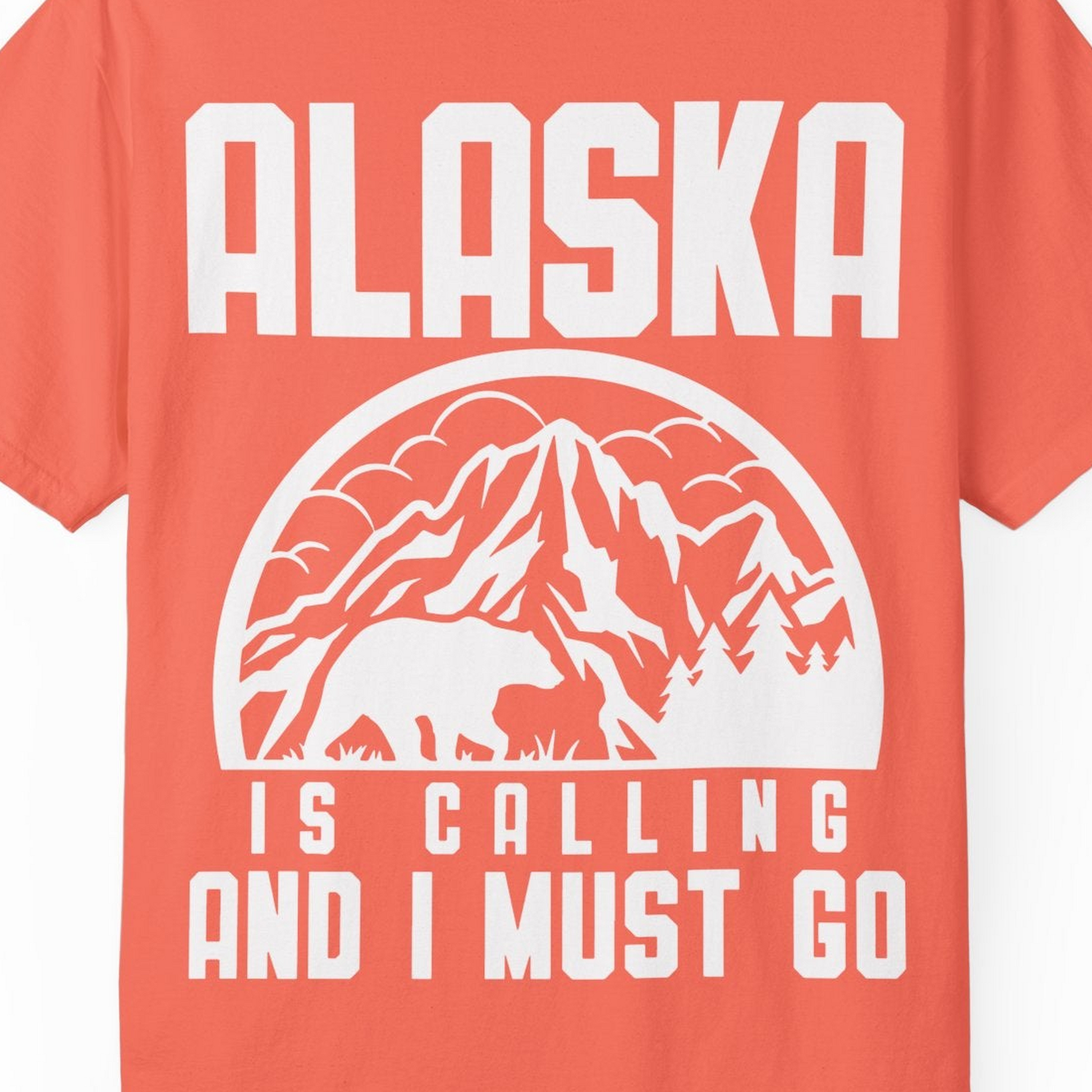Alaska Is Calling Shirt Comfort Colors T-Shirt – Bright Salmon – Alaska Cruise Shirts Close Up