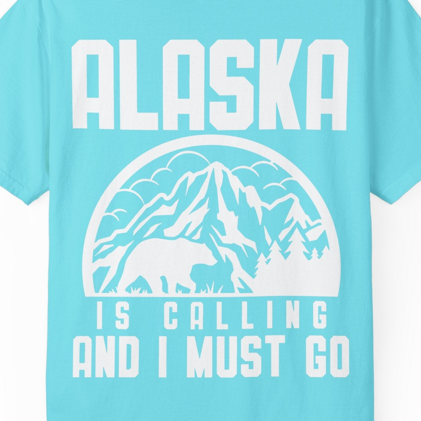 Alaska Is Calling Shirt Comfort Colors T-Shirt – Lagoon Blue – Alaska Cruise Shirts Close Up