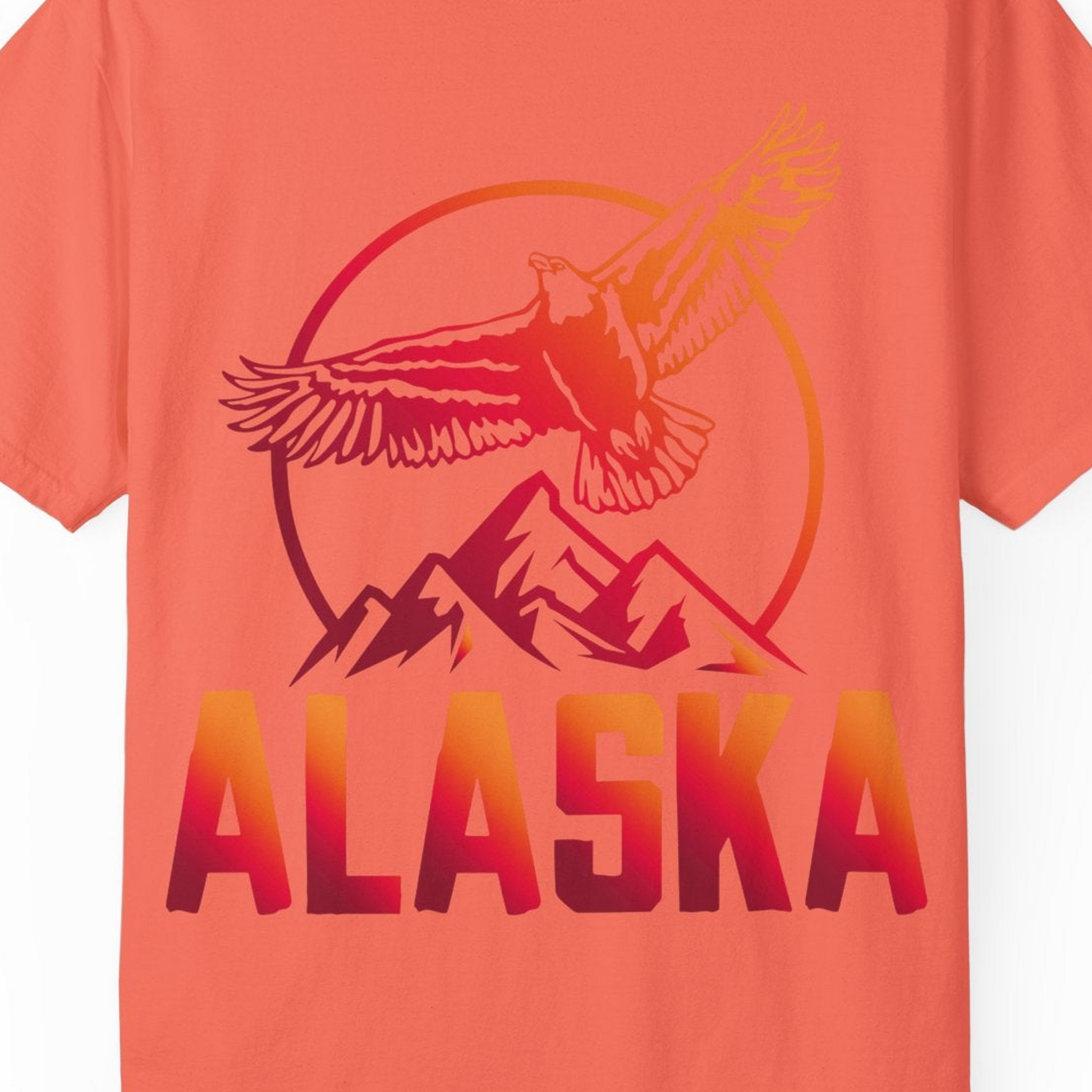 Alaska Eagle Mountains Graphic Shirt Comfort Colors T-Shirt – Bright Salmon – Alaska Cruise Shirts Close Up