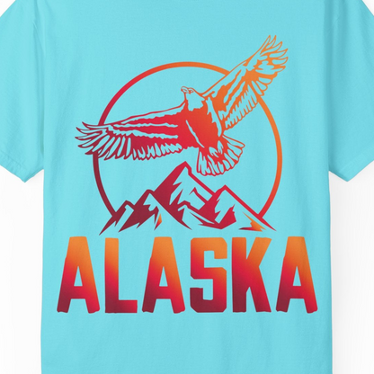 Alaska Eagle Mountains Graphic Shirt Comfort Colors T-Shirt – Lagoon Blue – Alaska Cruise Shirts Close Up