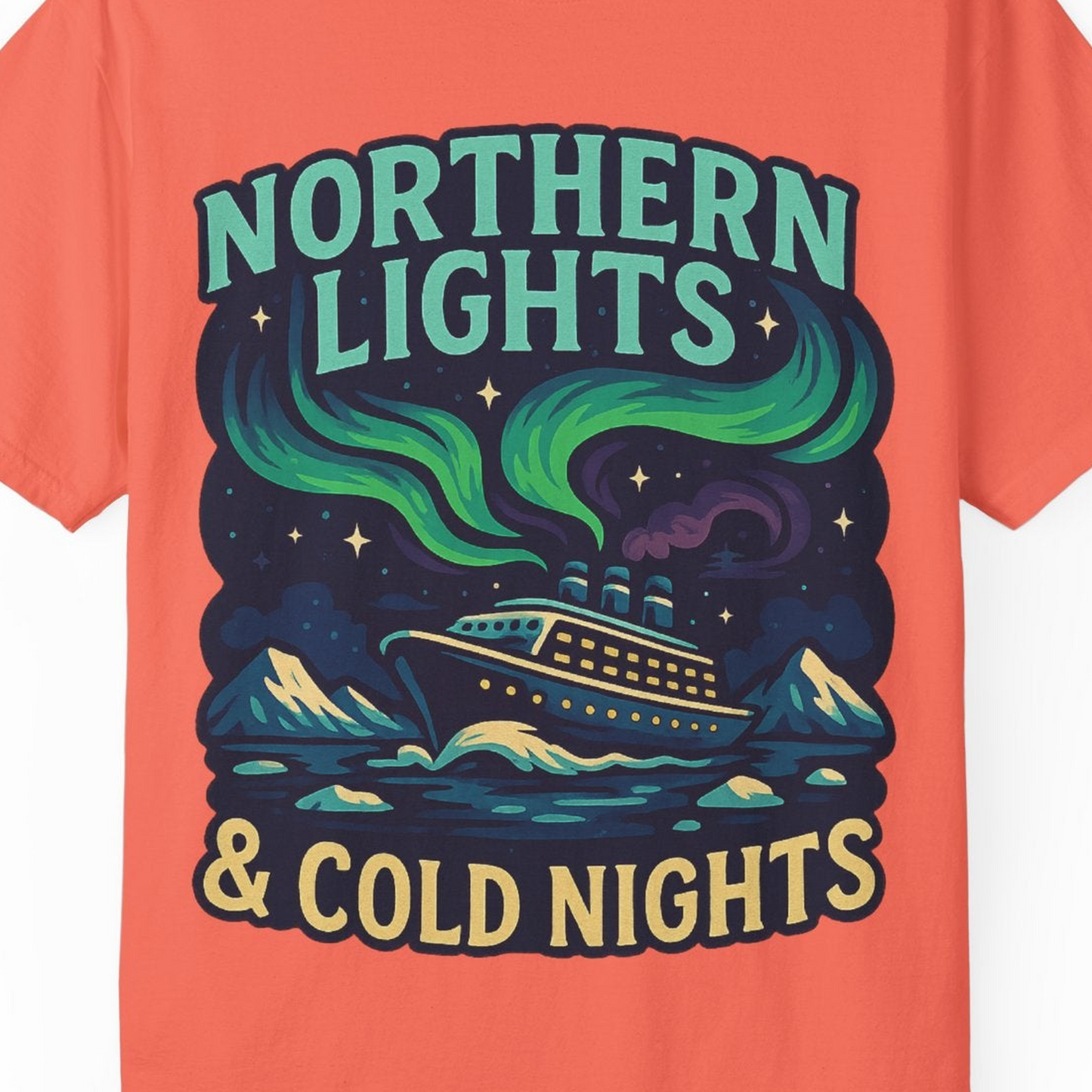 Northern Lights Alaska Cruise Ship Night Adventure Travel Shirt — Comfort Comfort Colors T-Shirt – Bright Salmon – Alaska Cruise Shirts Close Up