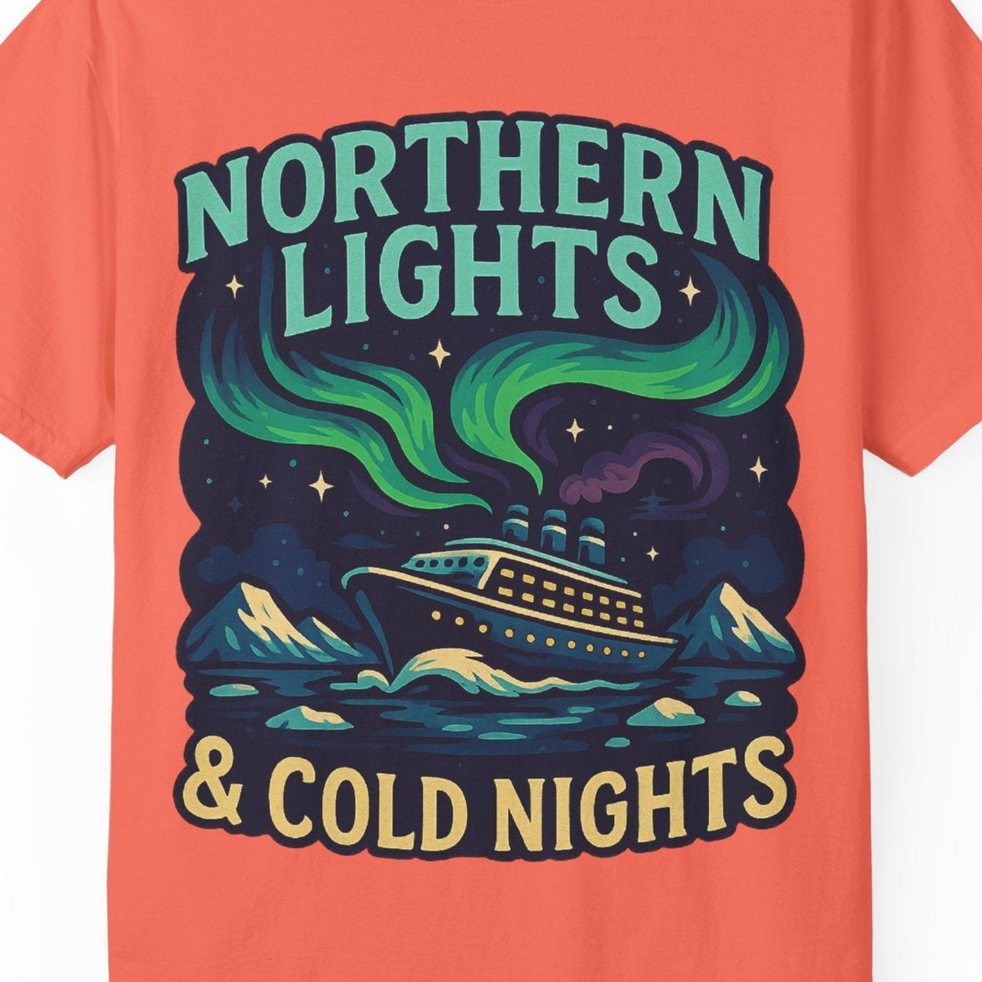Northern Lights Alaska Cruise Ship Night Adventure Travel Shirt — Comfort Comfort Colors T-Shirt – Bright Salmon – Alaska Cruise Shirts Close Up