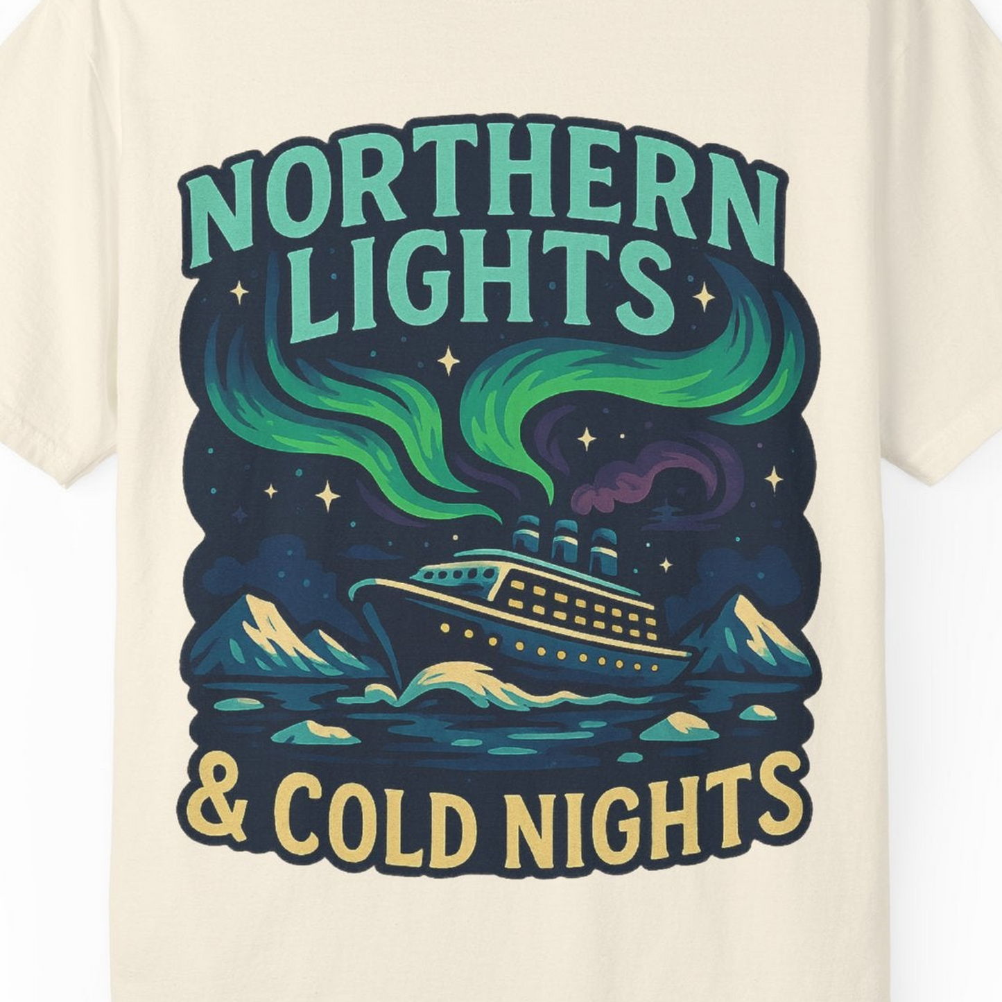 Northern Lights Alaska Cruise Ship Night Adventure Travel Shirt — Comfort Comfort Colors T-Shirt – Ivory – Alaska Cruise Shirts Close Up