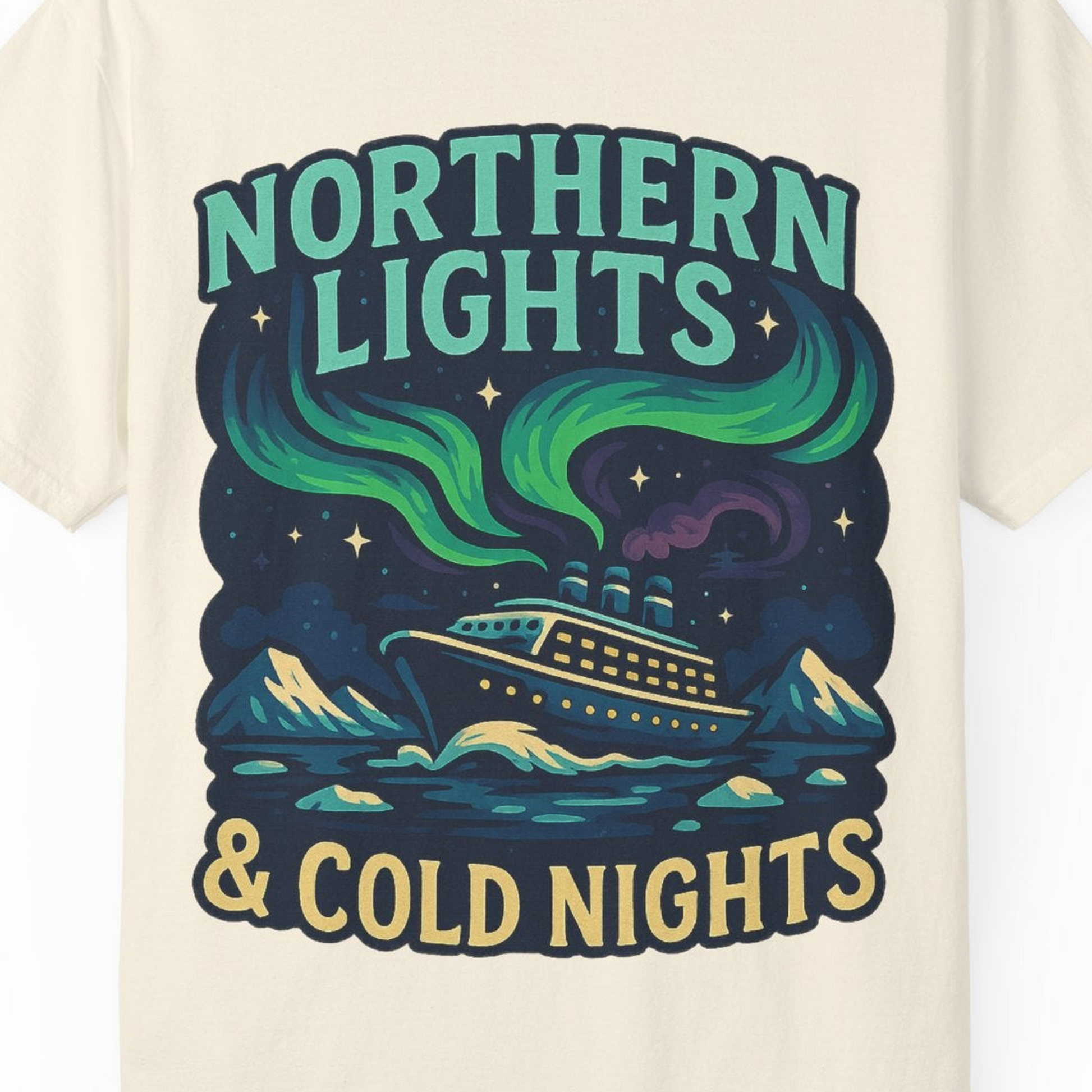 Northern Lights Alaska Cruise Ship Night Adventure Travel Shirt — Comfort Comfort Colors T-Shirt – Ivory – Alaska Cruise Shirts Close Up