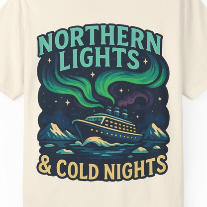 Northern Lights Alaska Cruise Ship Night Adventure Travel Shirt — Comfort Comfort Colors T-Shirt – Ivory – Alaska Cruise Shirts Close Up