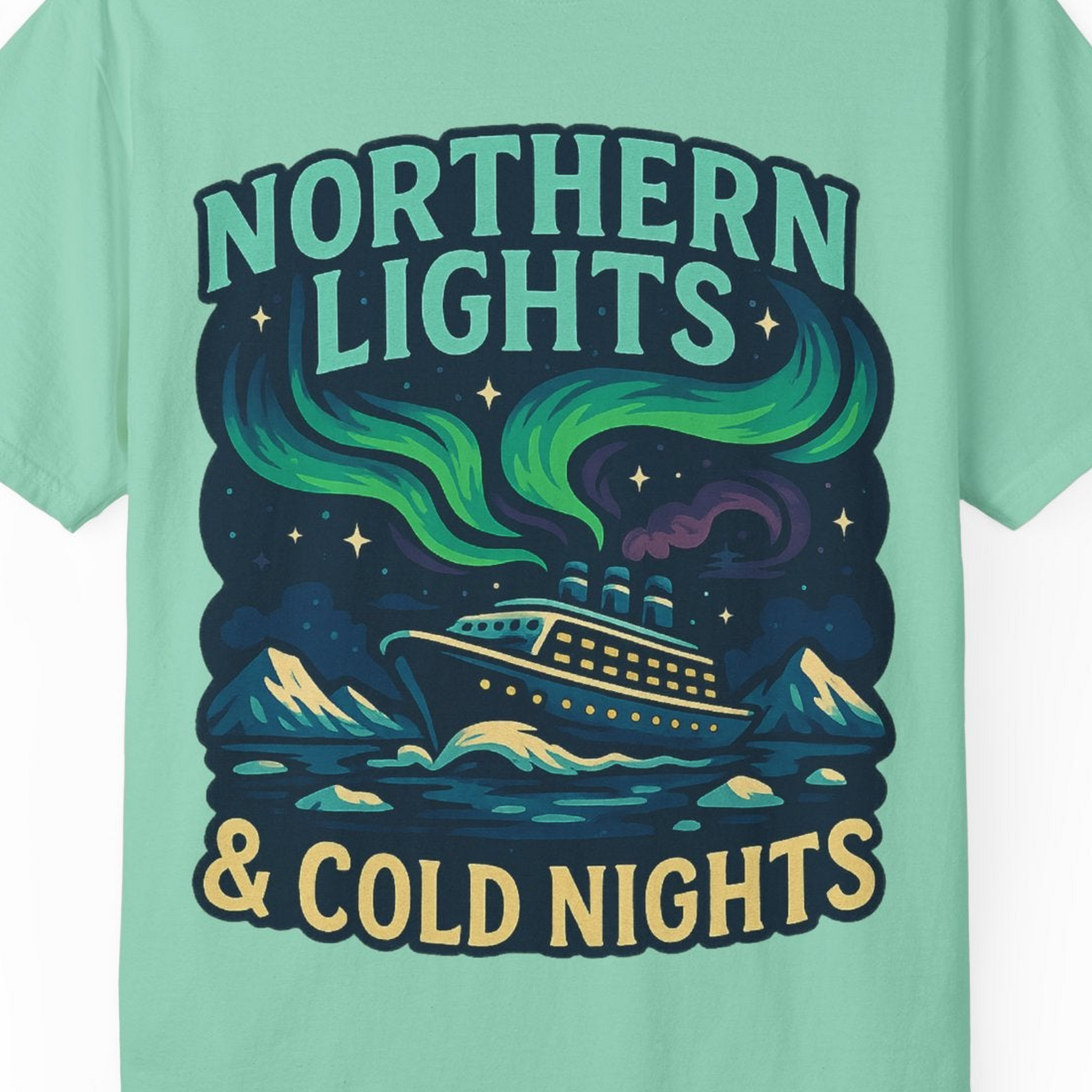 Northern Lights Alaska Cruise Ship Night Adventure Travel Shirt — Comfort Comfort Colors T-Shirt – Island Reef – Alaska Cruise Shirts Close Up