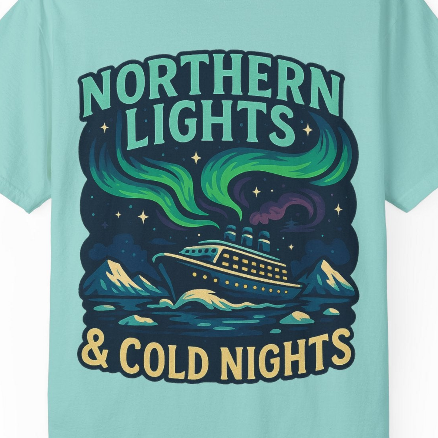 Northern Lights Alaska Cruise Ship Night Adventure Travel Shirt — Comfort Comfort Colors T-Shirt – Chalky Mint – Alaska Cruise Shirts Close Up