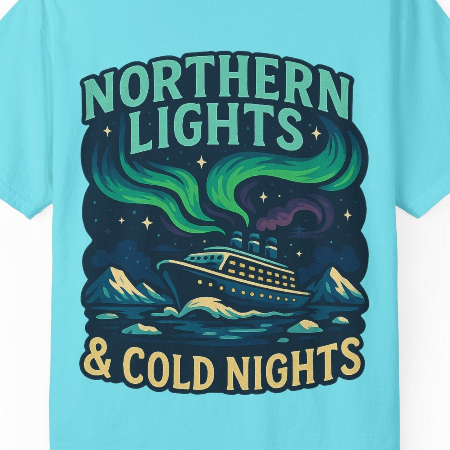 Northern Lights Alaska Cruise Ship Night Adventure Travel Shirt — Comfort Comfort Colors T-Shirt – Lagoon Blue – Alaska Cruise Shirts Close Up