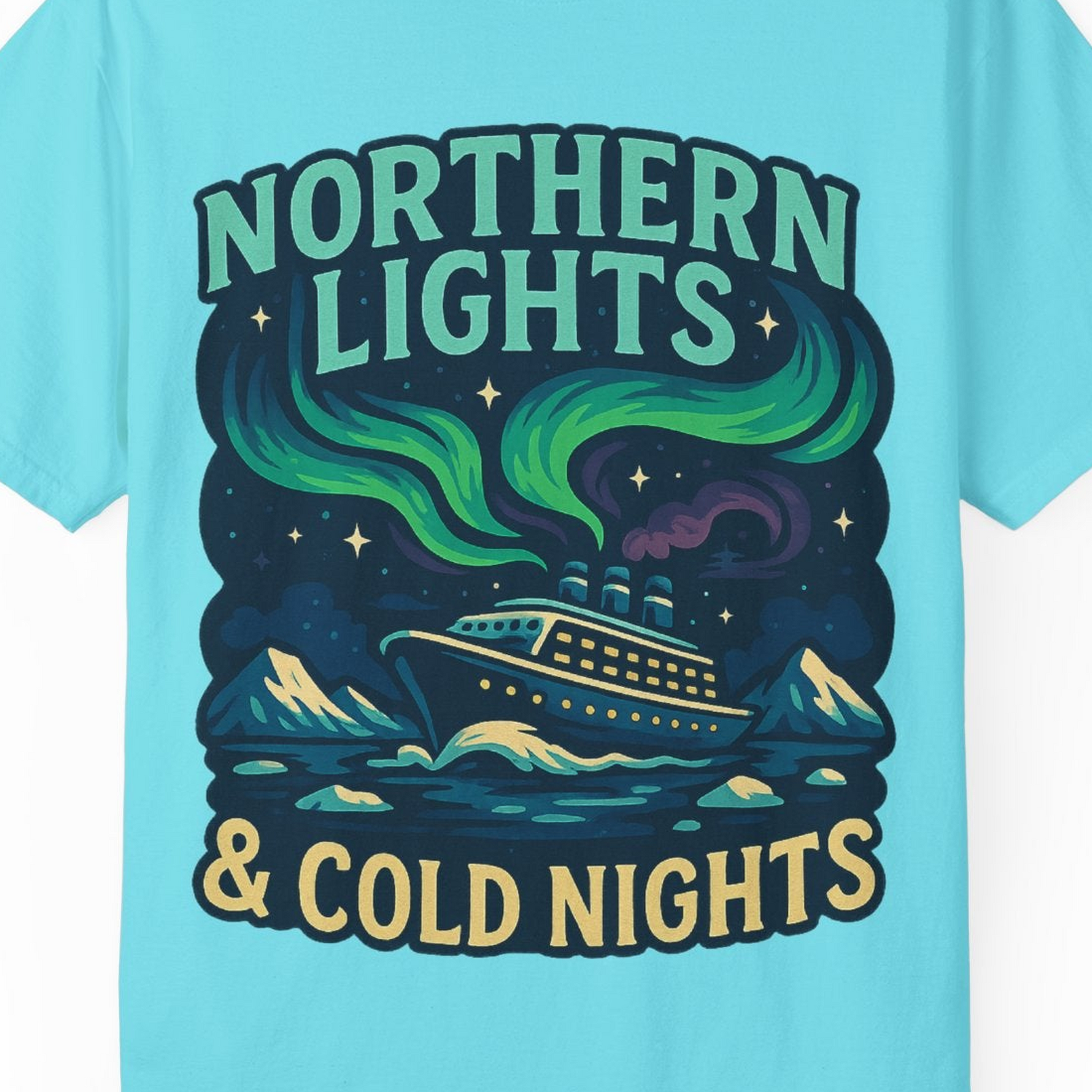 Northern Lights Alaska Cruise Ship Night Adventure Travel Shirt — Comfort Comfort Colors T-Shirt – Lagoon Blue – Alaska Cruise Shirts Close Up