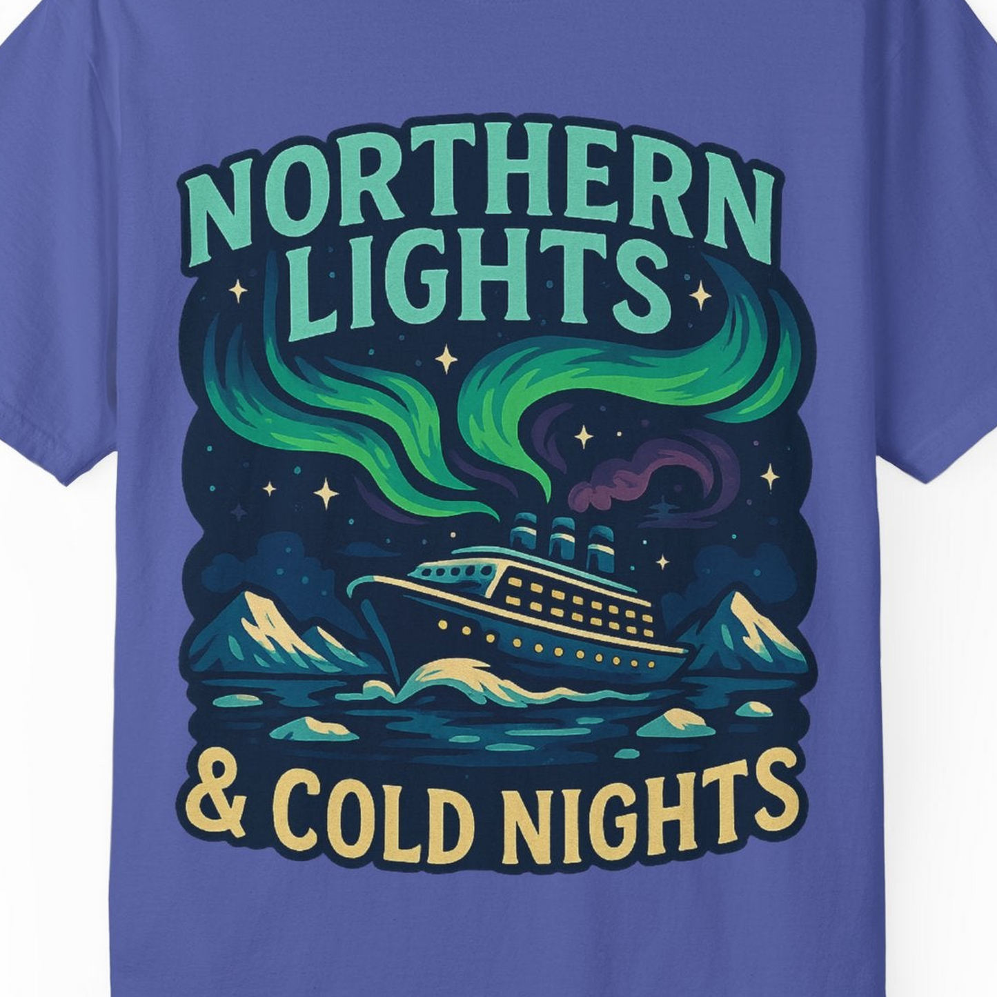 Northern Lights Alaska Cruise Ship Night Adventure Travel Shirt — Comfort Comfort Colors T-Shirt – Periwinkle – Alaska Cruise Shirts Close Up