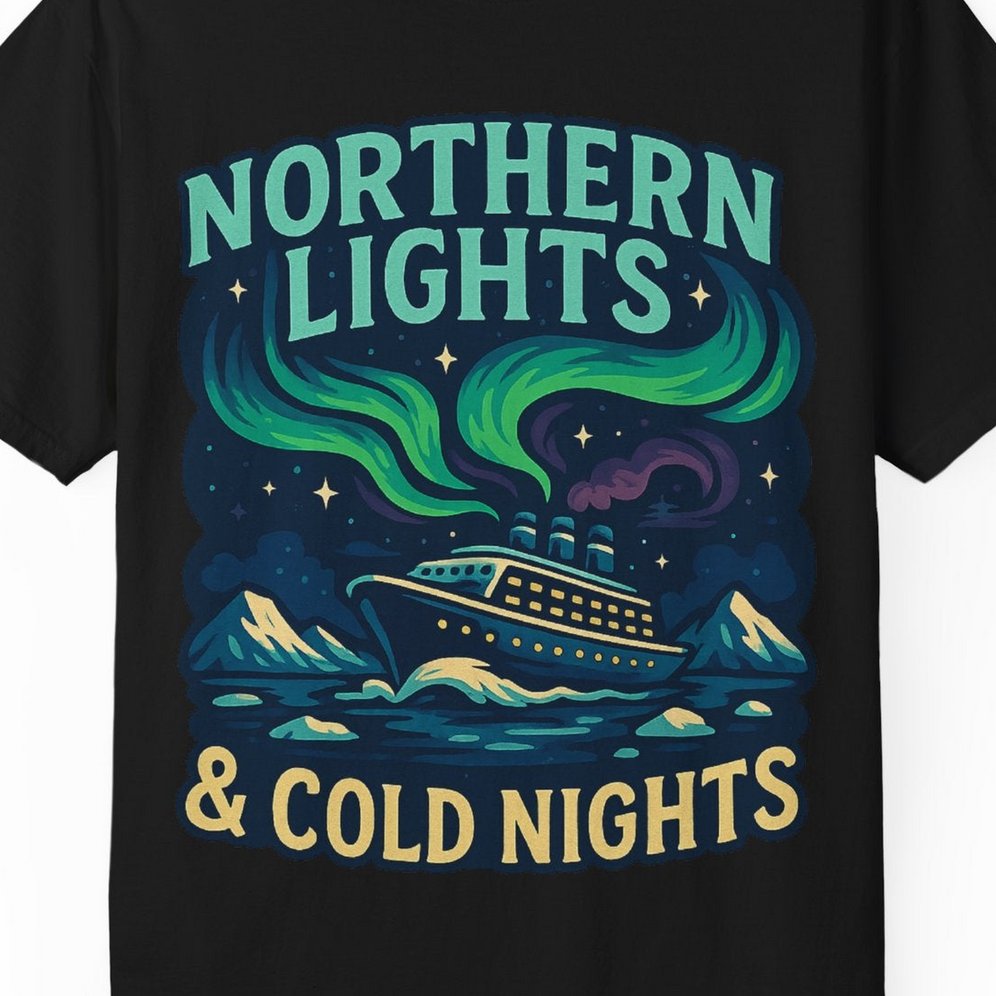 Northern Lights Alaska Cruise Ship Night Adventure Travel Shirt — Comfort Comfort Colors T-Shirt – Black – Alaska Cruise Shirts Close Up