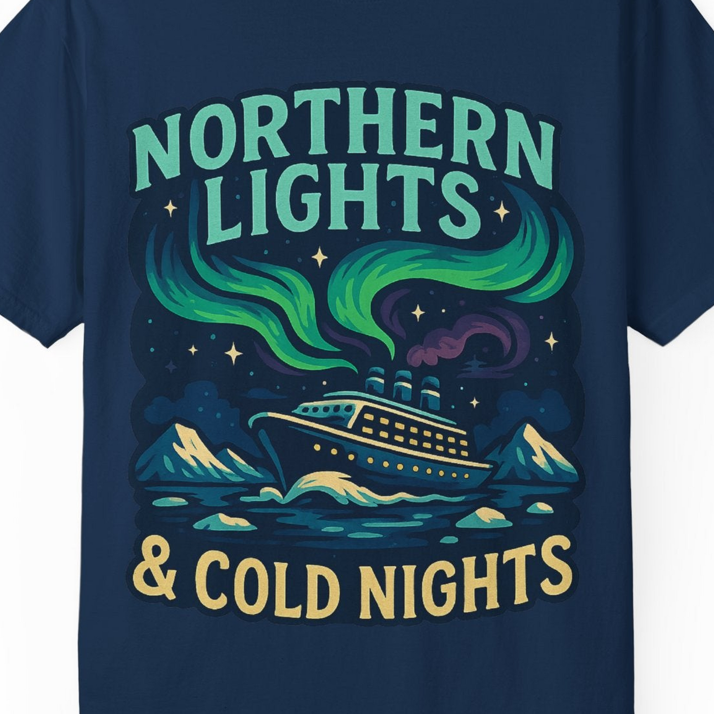 Northern Lights Alaska Cruise Ship Night Adventure Travel Shirt — Comfort Comfort Colors T-Shirt – Navy – Alaska Cruise Shirts Close Up