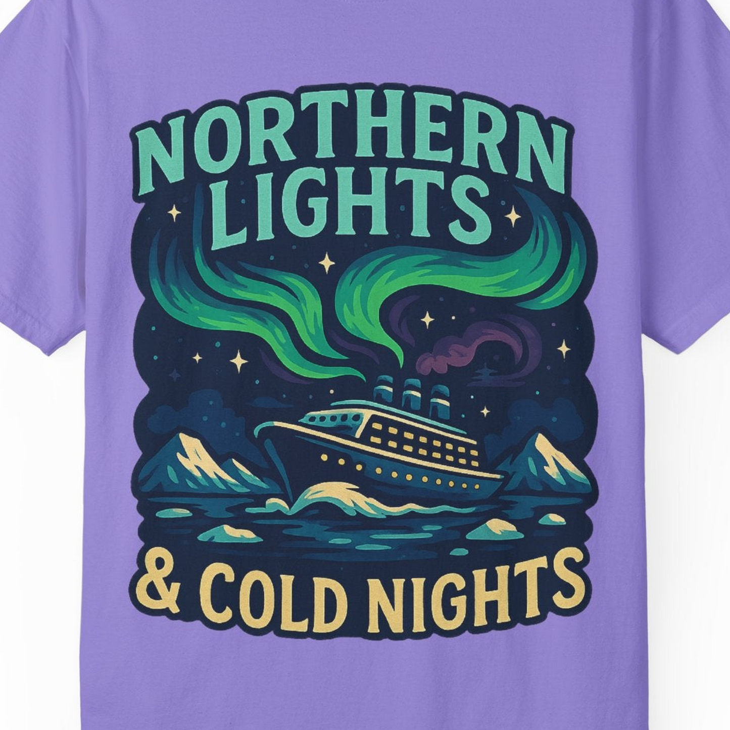 Northern Lights Alaska Cruise Ship Night Adventure Travel Shirt — Comfort Comfort Colors T-Shirt – Violet – Alaska Cruise Shirts Close Up