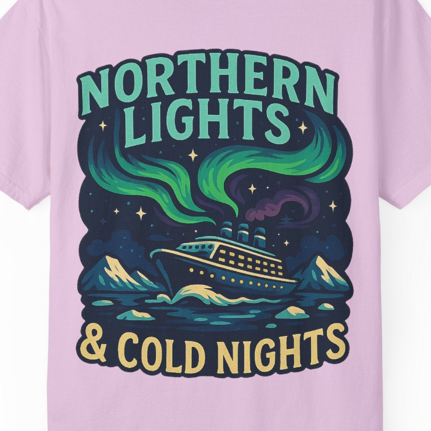 Northern Lights Alaska Cruise Ship Night Adventure Travel Shirt — Comfort Comfort Colors T-Shirt – Orchid – Alaska Cruise Shirts Close Up
