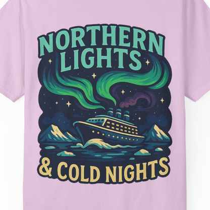 Northern Lights Alaska Cruise Ship Night Adventure Travel Shirt — Comfort Comfort Colors T-Shirt – Orchid – Alaska Cruise Shirts Close Up