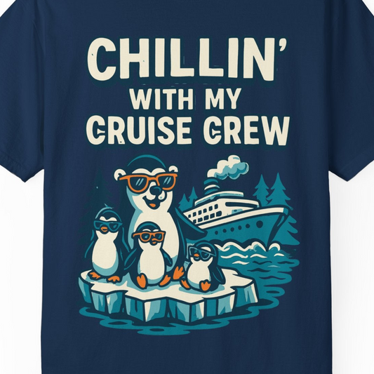 Chillin With My Cruise Crew Cute Penguins Alaska Cartoon Shirt — Comfort Comfort Colors T-Shirt – Navy – Alaska Cruise Shirts Close Up