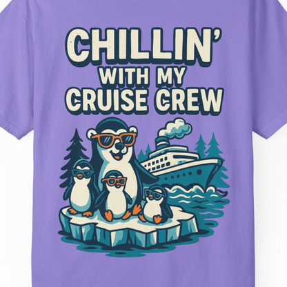 Chillin With My Cruise Crew Cute Penguins Alaska Cartoon Shirt — Comfort Comfort Colors T-Shirt – Violet – Alaska Cruise Shirts Close Up