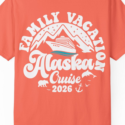 Alaska Family Cruise Shirt Comfort Colors T-Shirt – Bright Salmon – Alaska Cruise Shirts Close Up