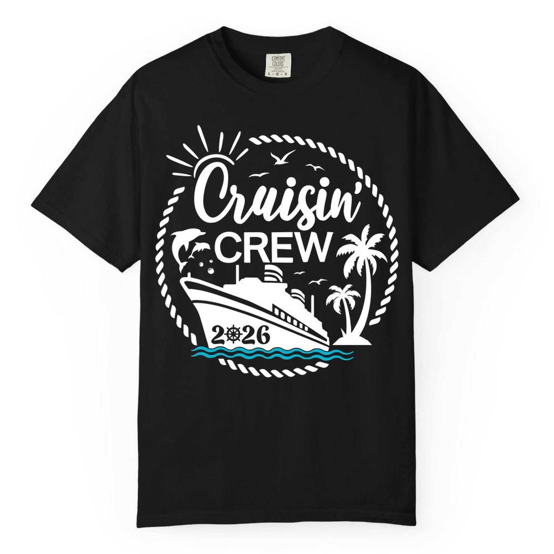Cruisin Crew Shirt Tropical Family Group Cruise 2026 Caribbean Islands — Comfort Comfort Colors T-Shirt – Black – Alaska Cruise Shirts Close Up