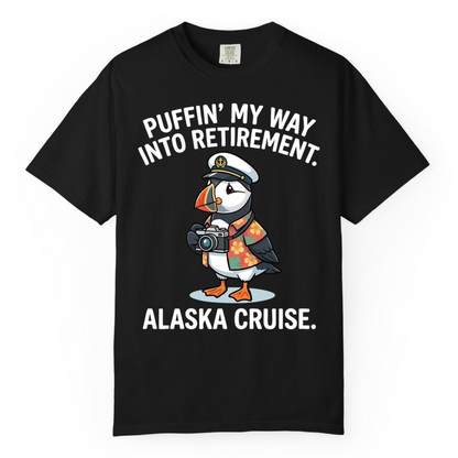 Puffin Cartoon Retirement Alaska Cruise Shirt Comfort Colors T-Shirt – Black – Alaska Cruise Shirts Close Up
