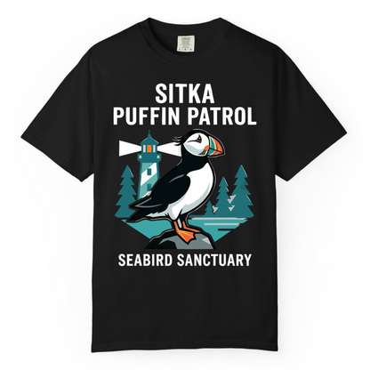 Sitka Puffin Bird Sanctuary Shirt Comfort Colors T-Shirt – Black – Alaska Cruise Shirts Close Up