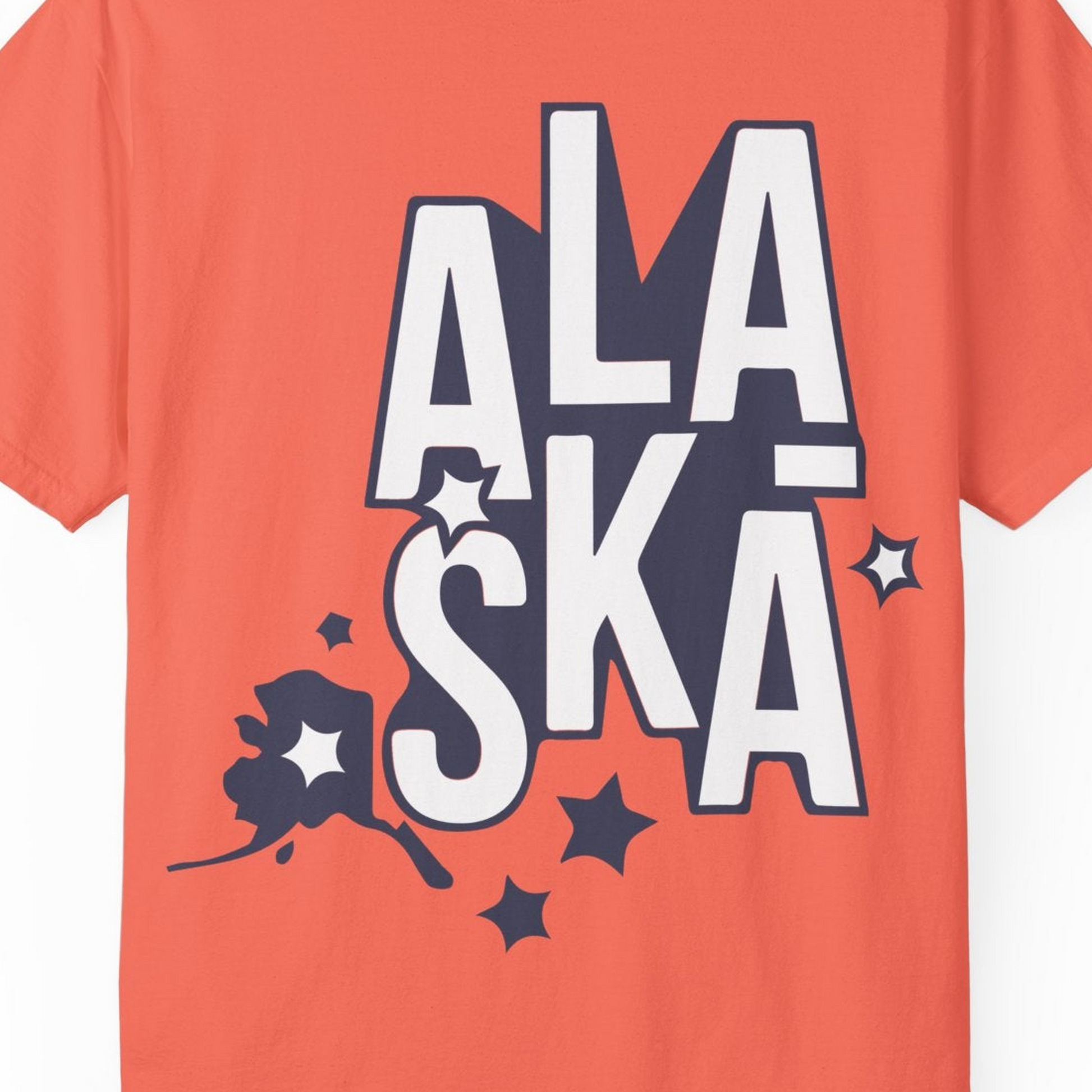 Alaska Stars Bold Typography Shirt Comfort Colors T-Shirt – Bright Salmon – Alaska Cruise Shirts Close Up