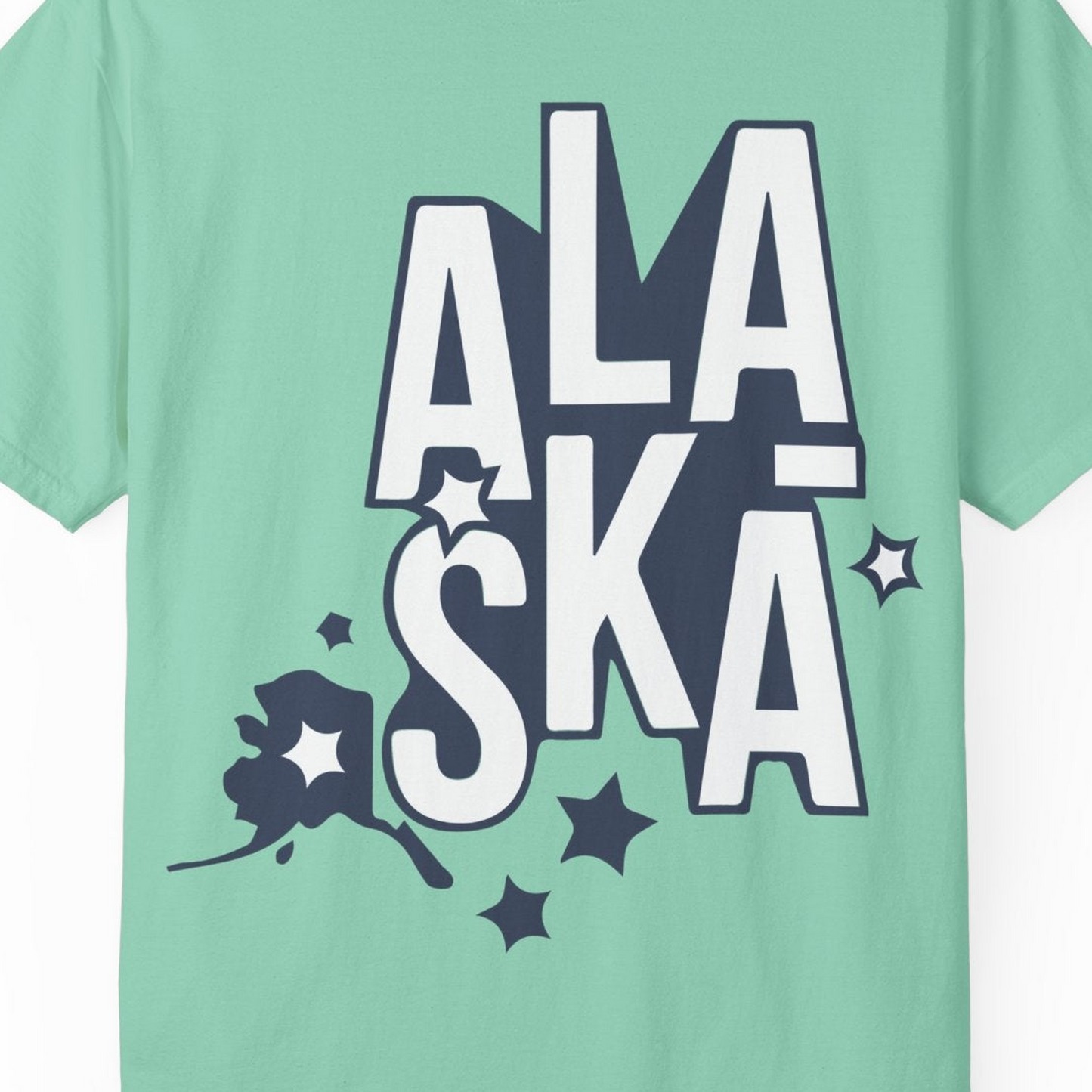 Alaska Stars Bold Typography Shirt Comfort Colors T-Shirt – Island Reef – Alaska Cruise Shirts Close Up