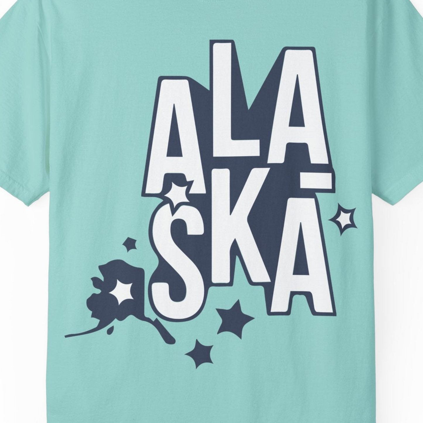 Alaska Stars Bold Typography Shirt Comfort Colors T-Shirt – Chalky Mint – Alaska Cruise Shirts Close Up