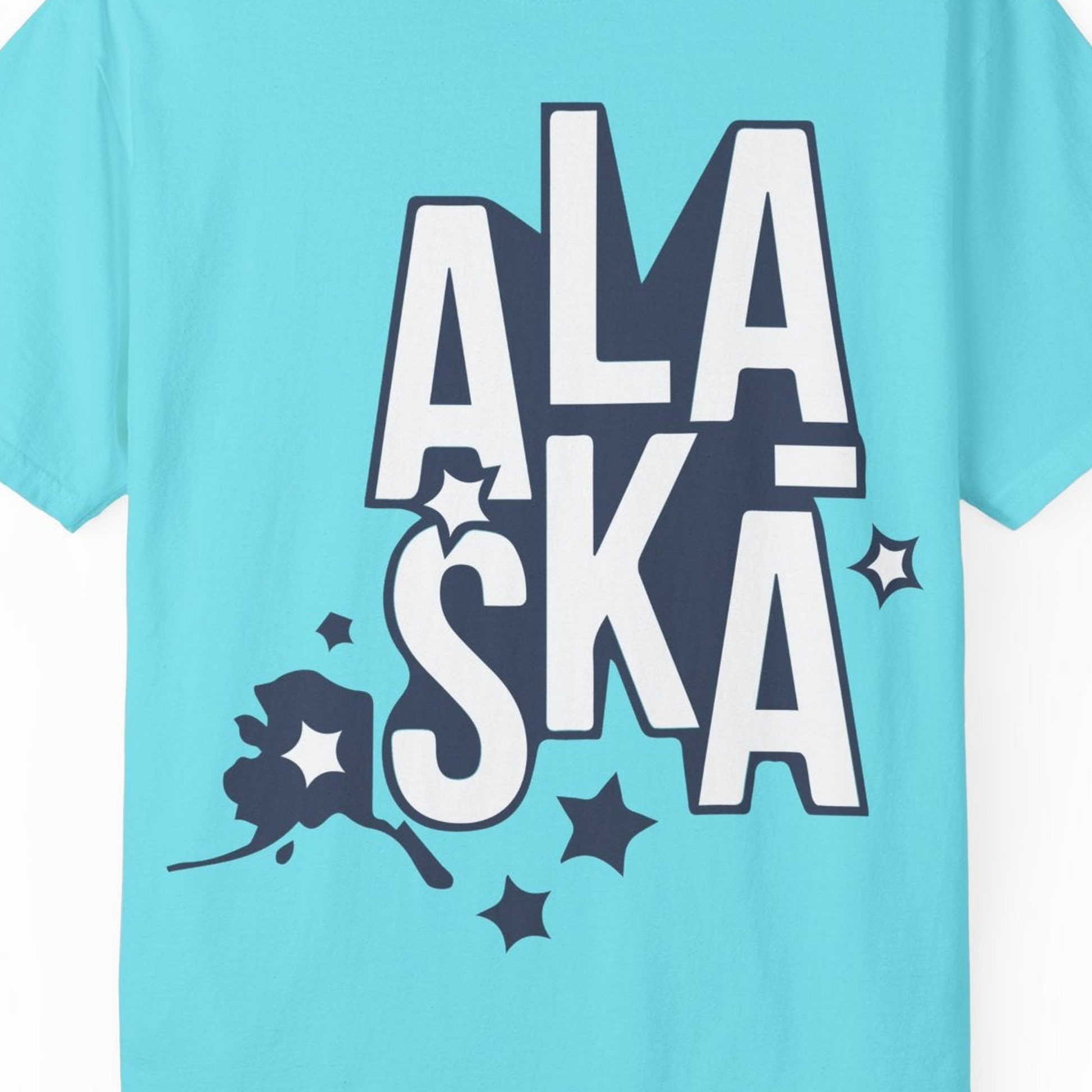 Alaska Stars Bold Typography Shirt Comfort Colors T-Shirt – Lagoon Blue – Alaska Cruise Shirts Close Up