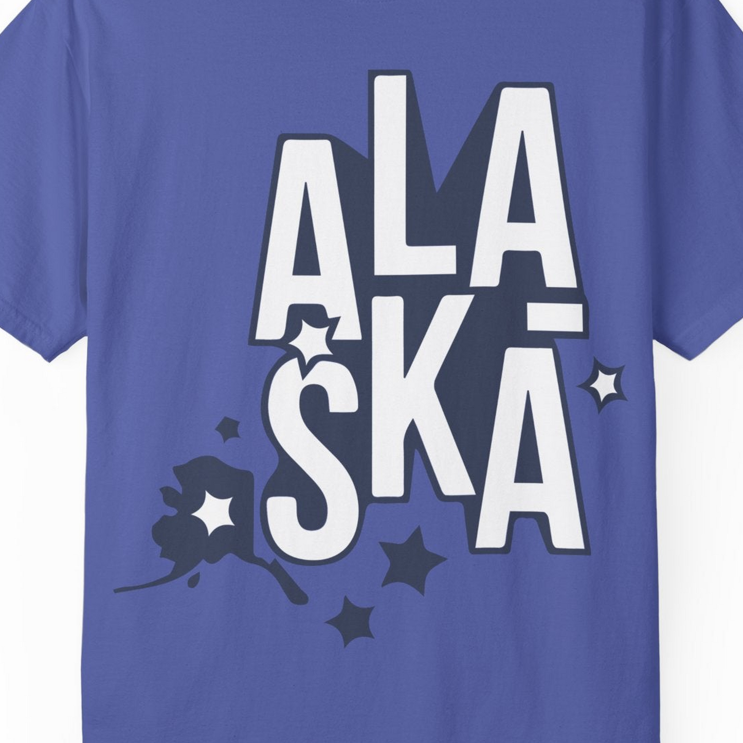 Alaska Stars Bold Typography Shirt Comfort Colors T-Shirt – Periwinkle – Alaska Cruise Shirts Close Up