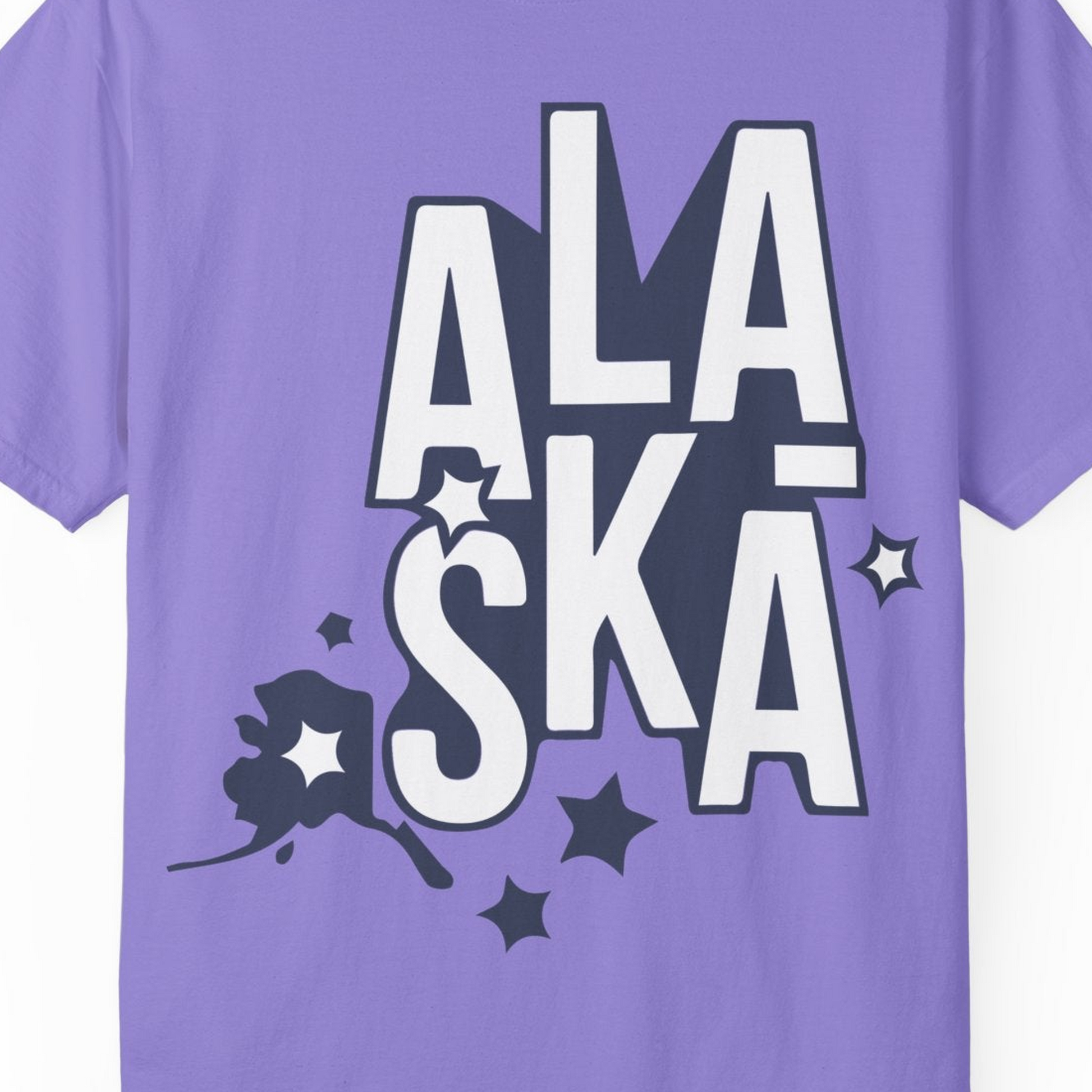 Alaska Stars Bold Typography Shirt Comfort Colors T-Shirt – Violet – Alaska Cruise Shirts Close Up