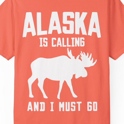 Alaska Is Calling Moose Silhouette Shirt Comfort Colors T-Shirt – Bright Salmon – Alaska Cruise Shirts Close Up