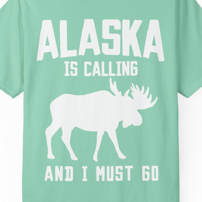 Alaska Is Calling Moose Silhouette Shirt Comfort Colors T-Shirt – Island Reef – Alaska Cruise Shirts Close Up