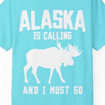Alaska Is Calling Moose Silhouette Shirt Comfort Colors T-Shirt – Lagoon Blue – Alaska Cruise Shirts Close Up