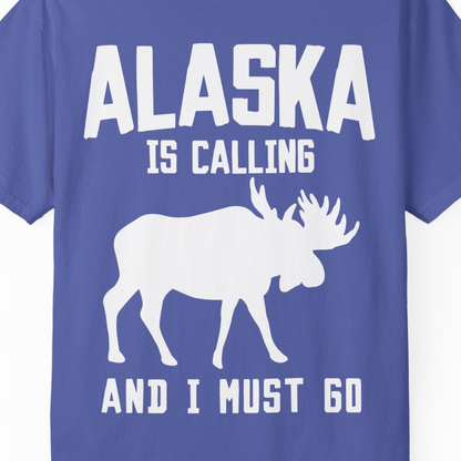 Alaska Is Calling Moose Silhouette Shirt Comfort Colors T-Shirt – Periwinkle – Alaska Cruise Shirts Close Up