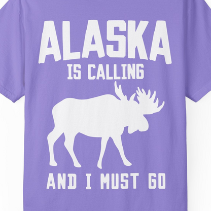 Alaska Is Calling Moose Silhouette Shirt Comfort Colors T-Shirt – Violet – Alaska Cruise Shirts Close Up