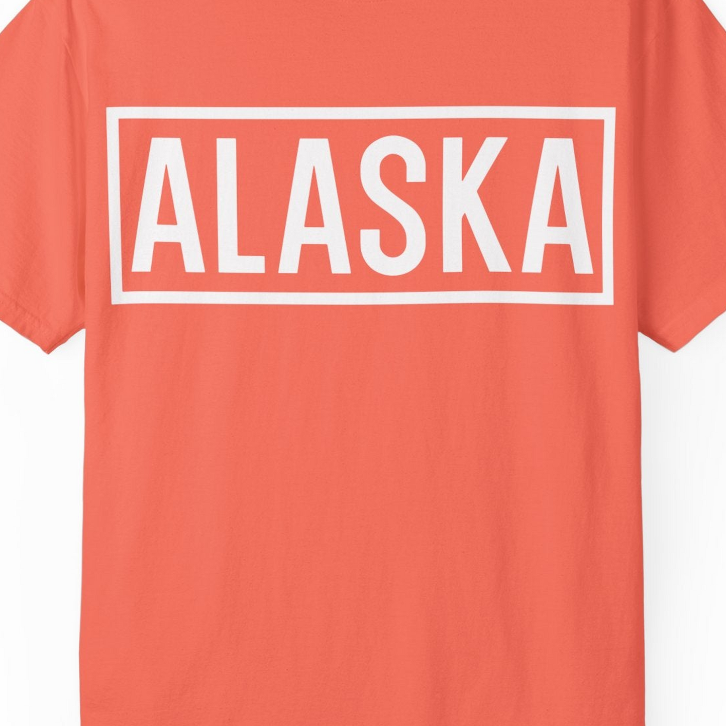 Alaska Bold Text Minimalist Monochrome Graphic Shirt for Travelers — Comfort Comfort Colors T-Shirt – Bright Salmon – Alaska Cruise Shirts Close Up