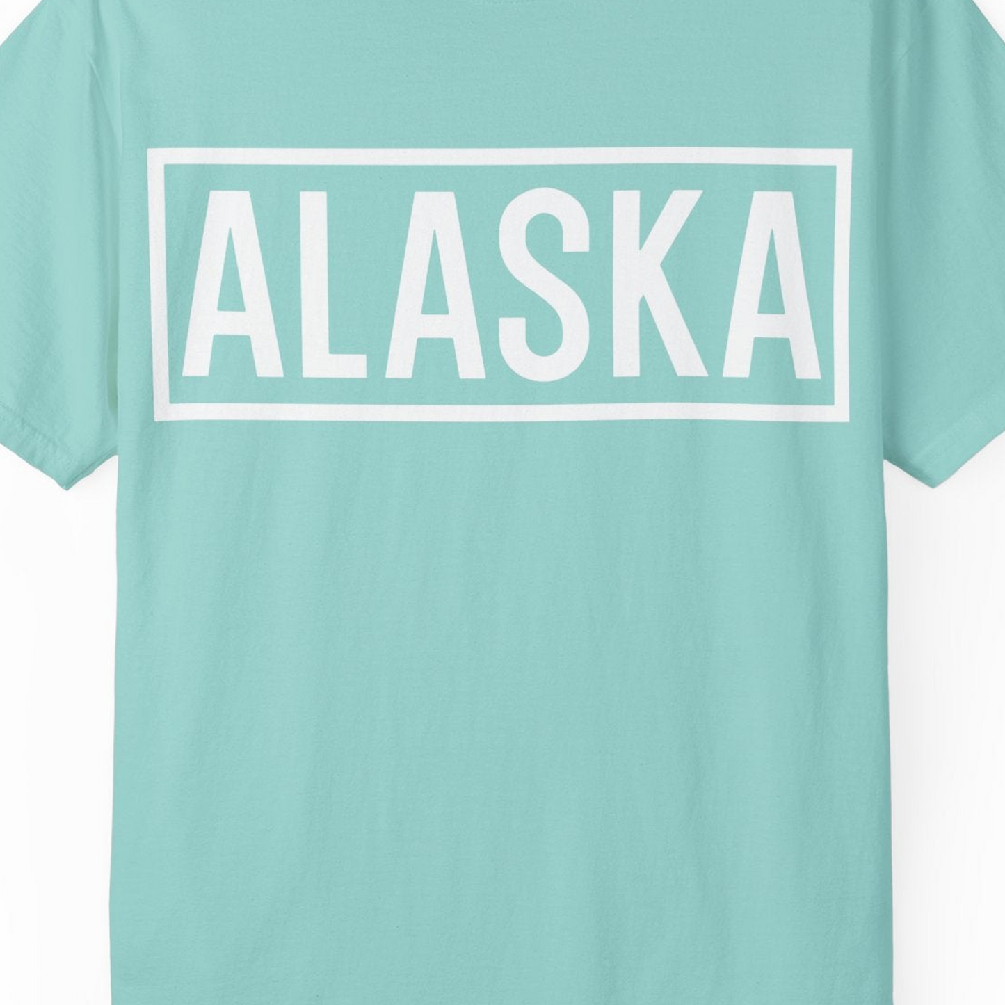 Alaska Bold Text Minimalist Monochrome Graphic Shirt for Travelers — Comfort Comfort Colors T-Shirt – Chalky Mint – Alaska Cruise Shirts Close Up