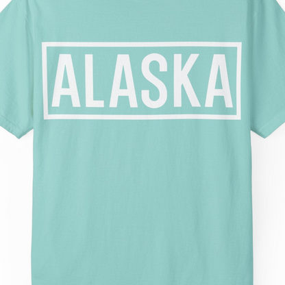 Alaska Bold Text Minimalist Monochrome Graphic Shirt for Travelers — Comfort Comfort Colors T-Shirt – Chalky Mint – Alaska Cruise Shirts Close Up