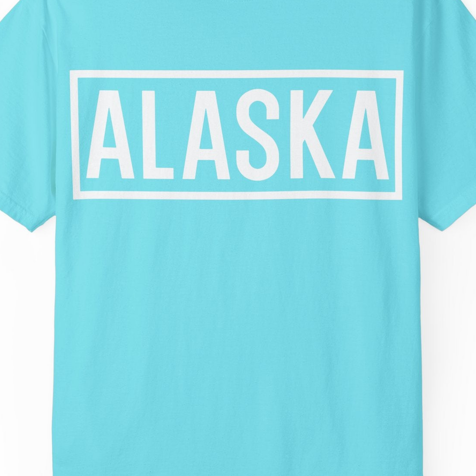 Alaska Bold Text Minimalist Monochrome Graphic Shirt for Travelers — Comfort Comfort Colors T-Shirt – Lagoon Blue – Alaska Cruise Shirts Close Up