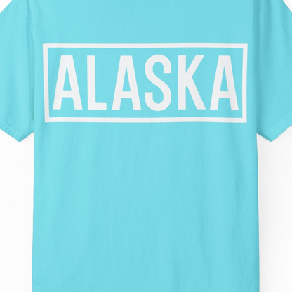 Alaska Bold Text Minimalist Monochrome Graphic Shirt for Travelers — Comfort Comfort Colors T-Shirt – Lagoon Blue – Alaska Cruise Shirts Close Up