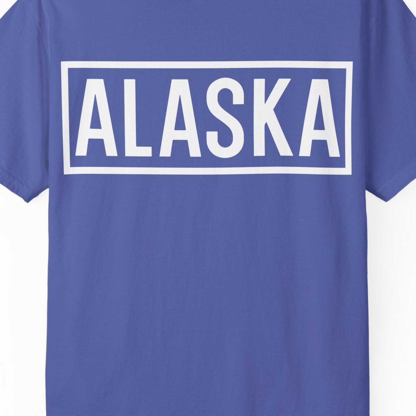Alaska Bold Text Minimalist Monochrome Graphic Shirt for Travelers — Comfort Comfort Colors T-Shirt – Periwinkle – Alaska Cruise Shirts Close Up