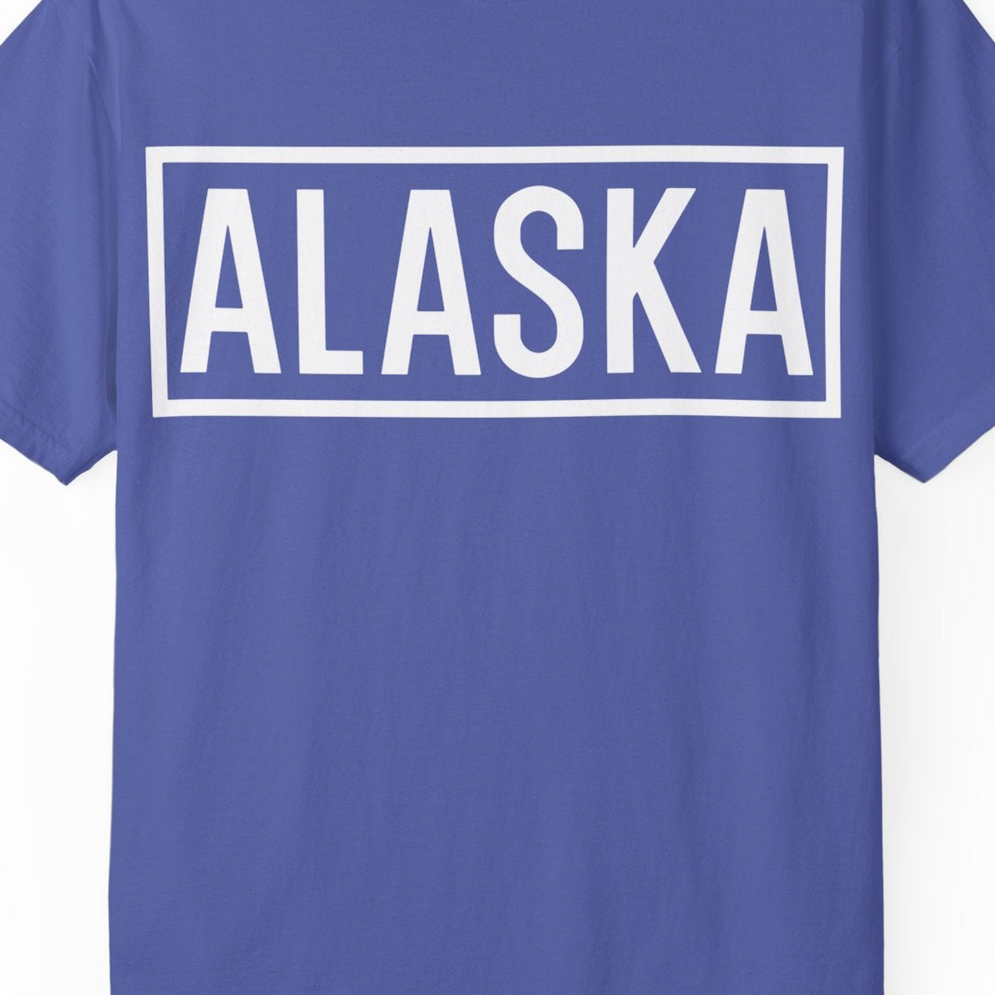 Alaska Bold Text Minimalist Monochrome Graphic Shirt for Travelers — Comfort Comfort Colors T-Shirt – Periwinkle – Alaska Cruise Shirts Close Up