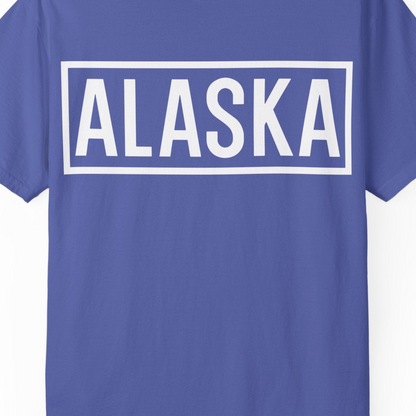 Alaska Bold Text Minimalist Monochrome Graphic Shirt for Travelers — Comfort Comfort Colors T-Shirt – Periwinkle – Alaska Cruise Shirts Close Up