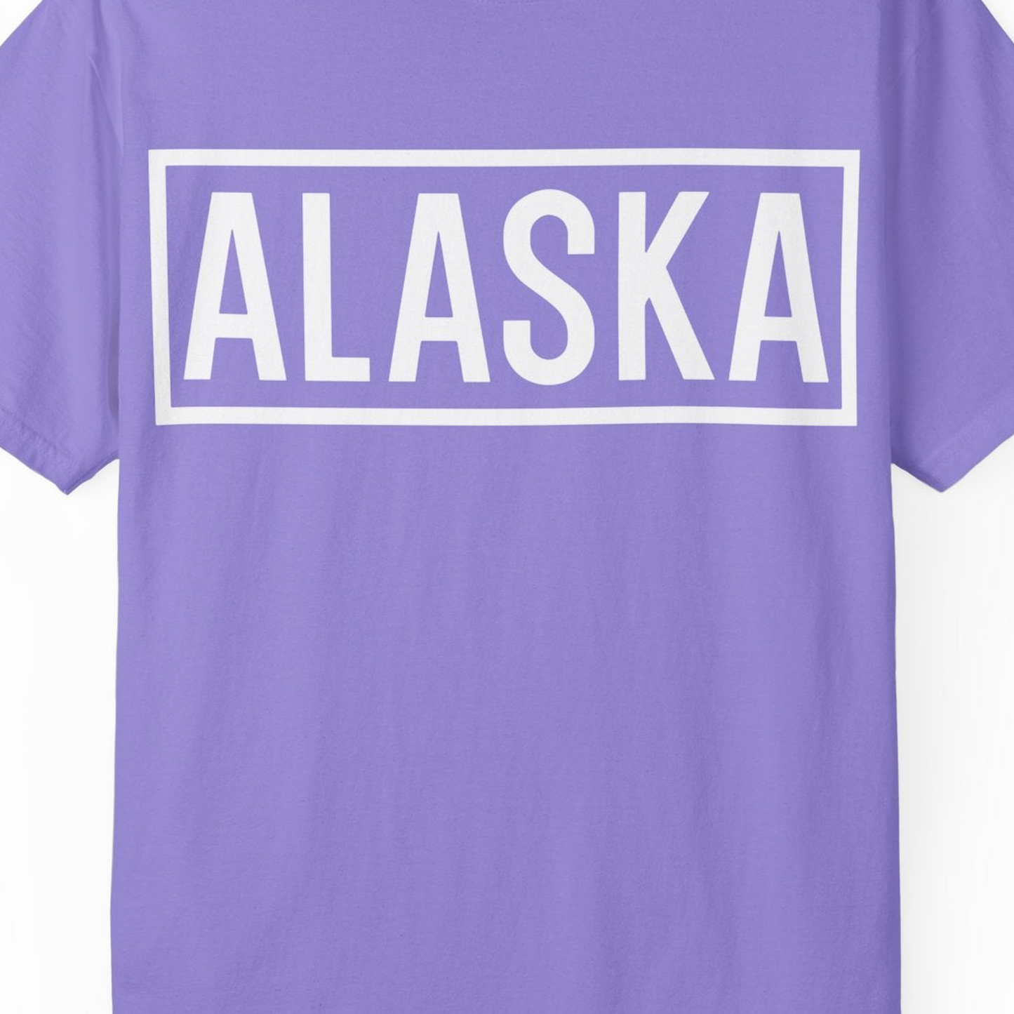 Alaska Bold Text Minimalist Monochrome Graphic Shirt for Travelers — Comfort Comfort Colors T-Shirt – Violet – Alaska Cruise Shirts Close Up