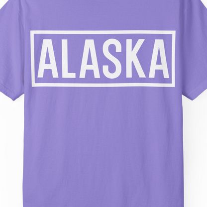 Alaska Bold Text Minimalist Monochrome Graphic Shirt for Travelers — Comfort Comfort Colors T-Shirt – Violet – Alaska Cruise Shirts Close Up