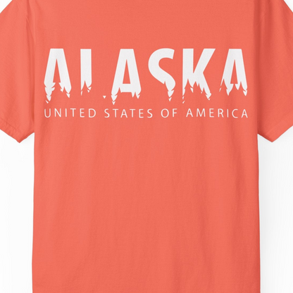 Alaska United States Typography Shirt Comfort Colors T-Shirt – Bright Salmon – Alaska Cruise Shirts Close Up